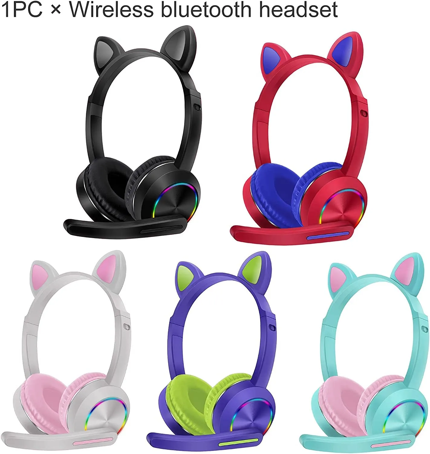 Bluetooth Headphones, Over-Ear Wireless Headphones, Cat Ear Headphones with LED Light, Built-In Microphone Cute Comfortable Gift for Computer(Purple)