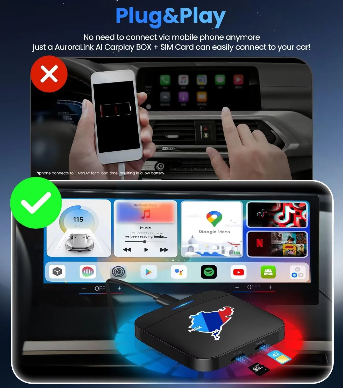 BMW Carplay AI Box 5.0, 2024 Newest Android 10.0 QCM 6125 8-Core 4 64GB Online YouTube/Netflix/Google Store, Support SIM&TF Card Exclusively for BMW1, 2, 3, 4, 5, 6, 7 Series, X1, X2, X3, X5, X6, X7