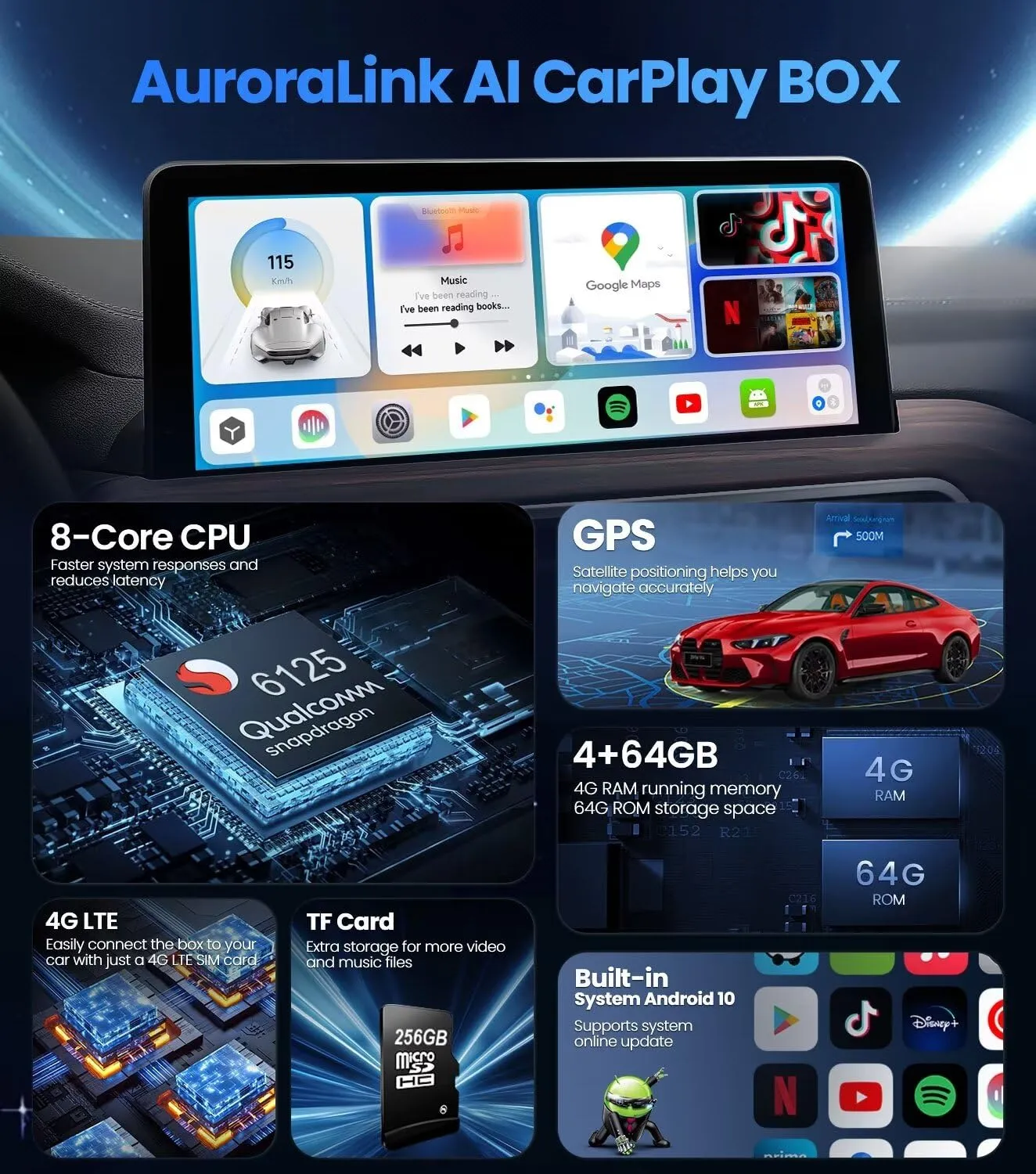 BMW Carplay AI Box 5.0, 2024 Newest Android 10.0 QCM 6125 8-Core 4 64GB Online YouTube/Netflix/Google Store, Support SIM&TF Card Exclusively for BMW1, 2, 3, 4, 5, 6, 7 Series, X1, X2, X3, X5, X6, X7