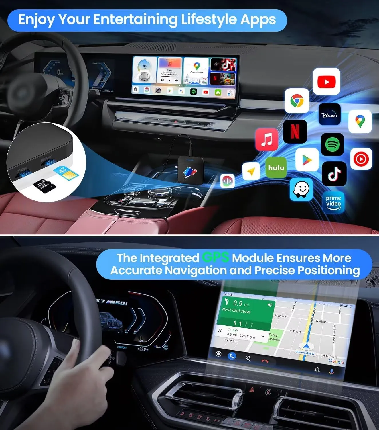 BMW Carplay AI Box 5.0, 2024 Newest Android 10.0 QCM 6125 8-Core 4 64GB Online YouTube/Netflix/Google Store, Support SIM&TF Card Exclusively for BMW1, 2, 3, 4, 5, 6, 7 Series, X1, X2, X3, X5, X6, X7