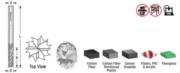 Carbon Graphite & Carbon Fiber Panel Cutting CNC Router Bit | 1⁄8 Dia x 1⁄2 x 1⁄8 Shank x 2" Long Down-Cut | 46260 | 738685462607