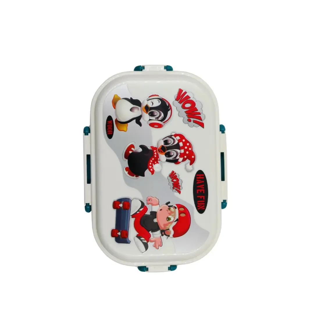 Cartoon Printed Colorful Lunch Box for School Kids (White-Green)