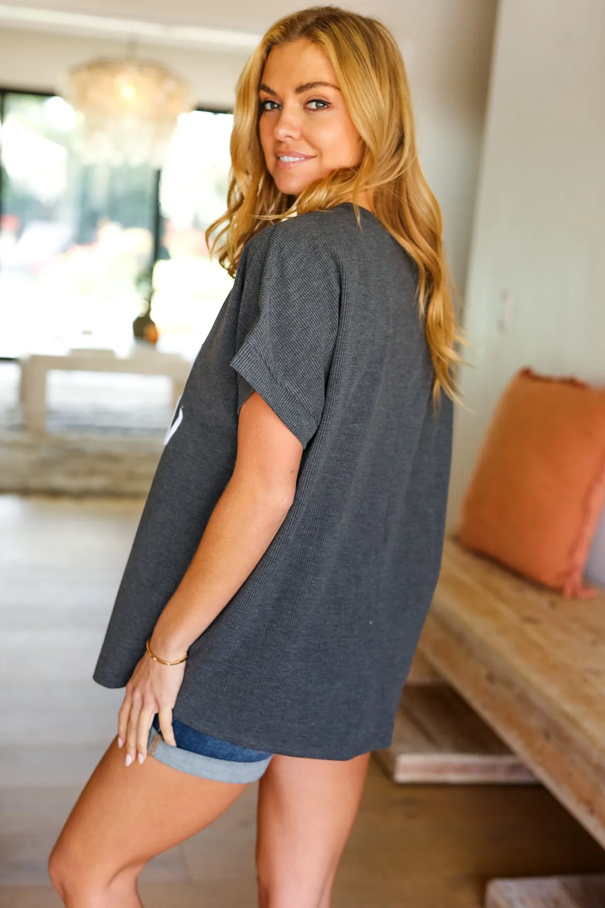 Charcoal "Cool Mom" Embroidery Pop-Up Rib Dolman Top