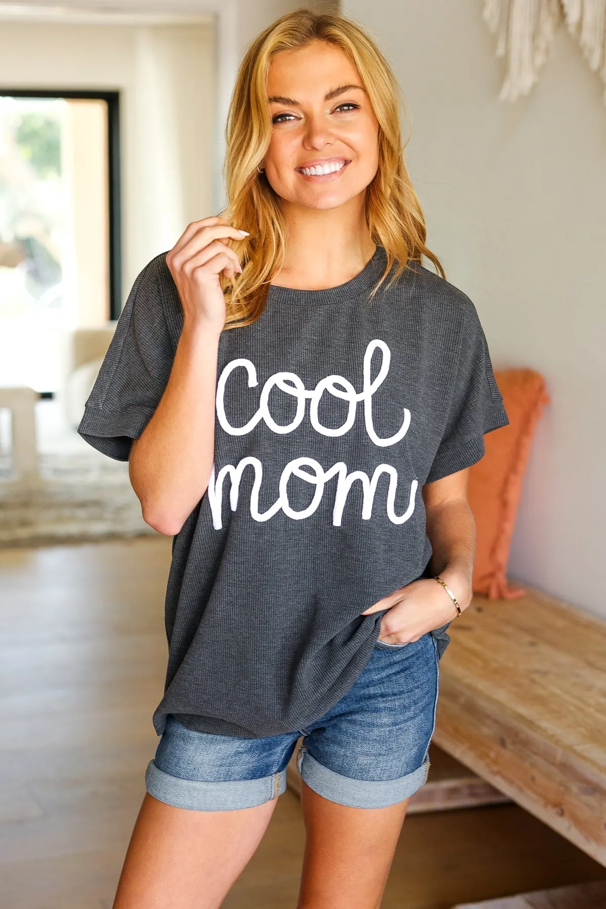 Charcoal "Cool Mom" Embroidery Pop-Up Rib Dolman Top