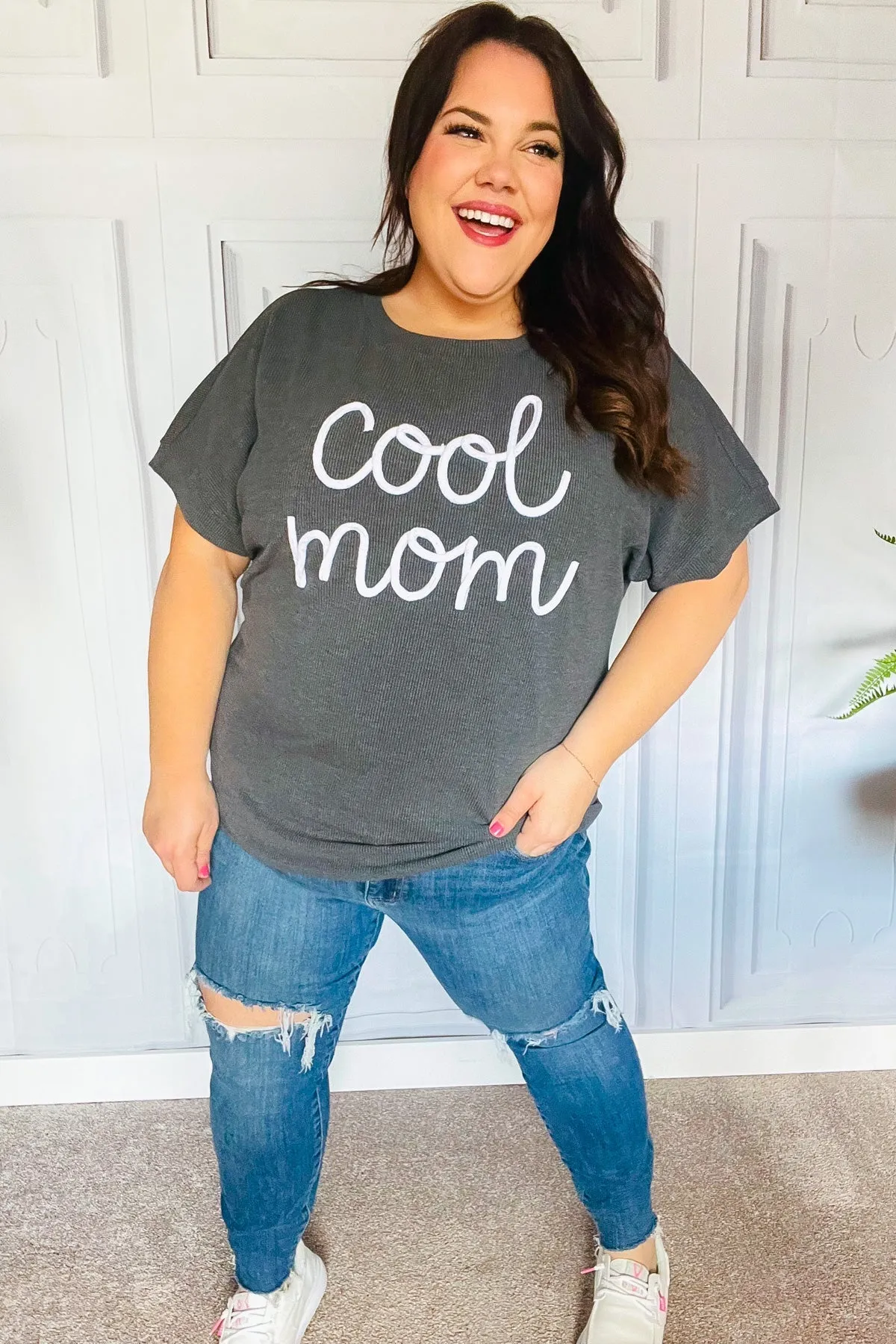 Charcoal "Cool Mom" Embroidery Pop-Up Rib Dolman Top