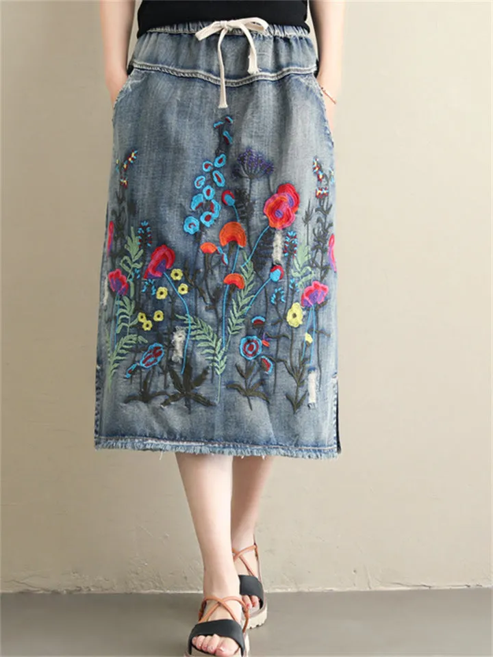 Denim Embroidery Long Skirts