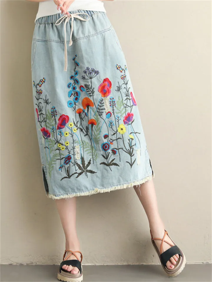 Denim Embroidery Long Skirts