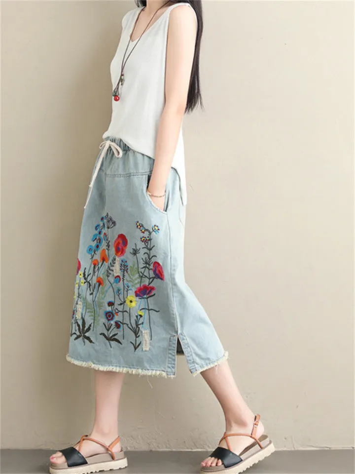 Denim Embroidery Long Skirts