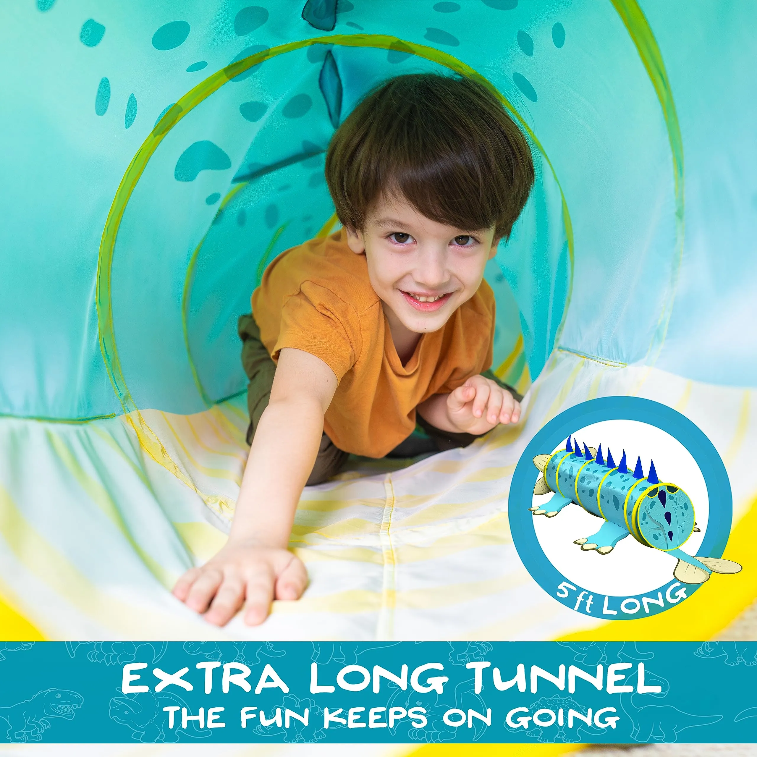 Dino-Themed 5ft Kids Tunnel with Hide 'n' Seek Doors by W&O