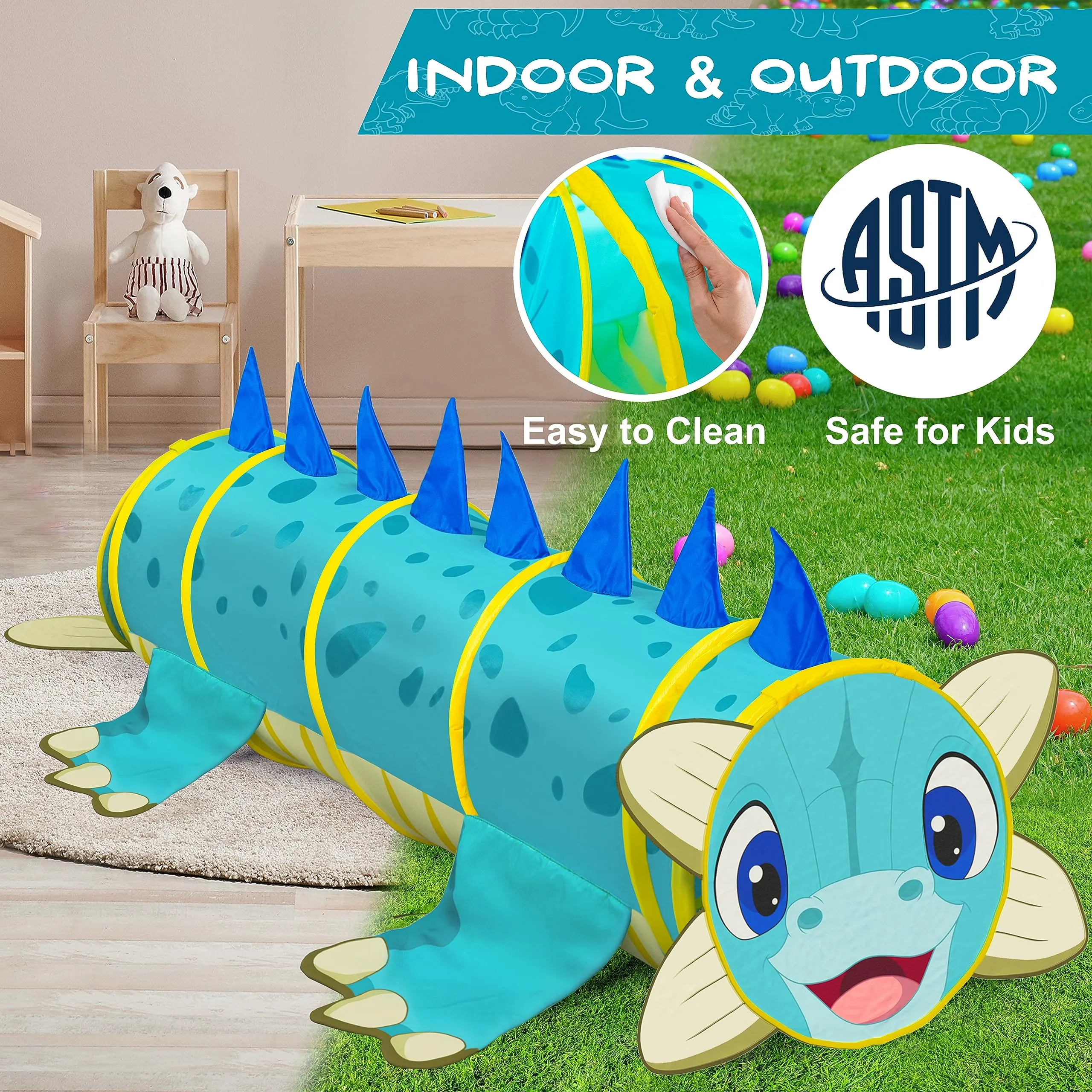 Dino-Themed 5ft Kids Tunnel with Hide 'n' Seek Doors by W&O