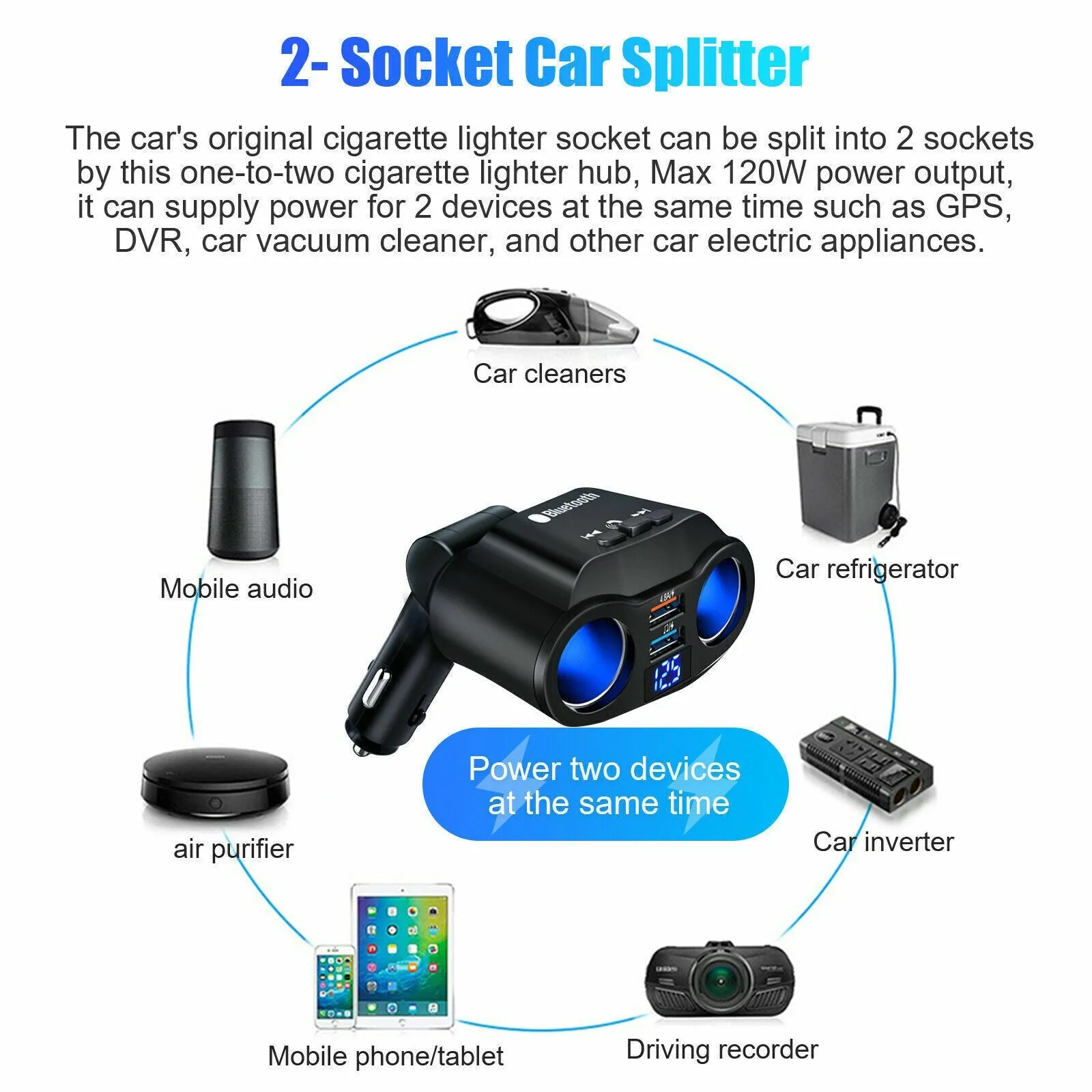 Dual Car Cigarette Lighter Socket Dual USB Charger Adapter Bluetooth5.3 MP3 Player