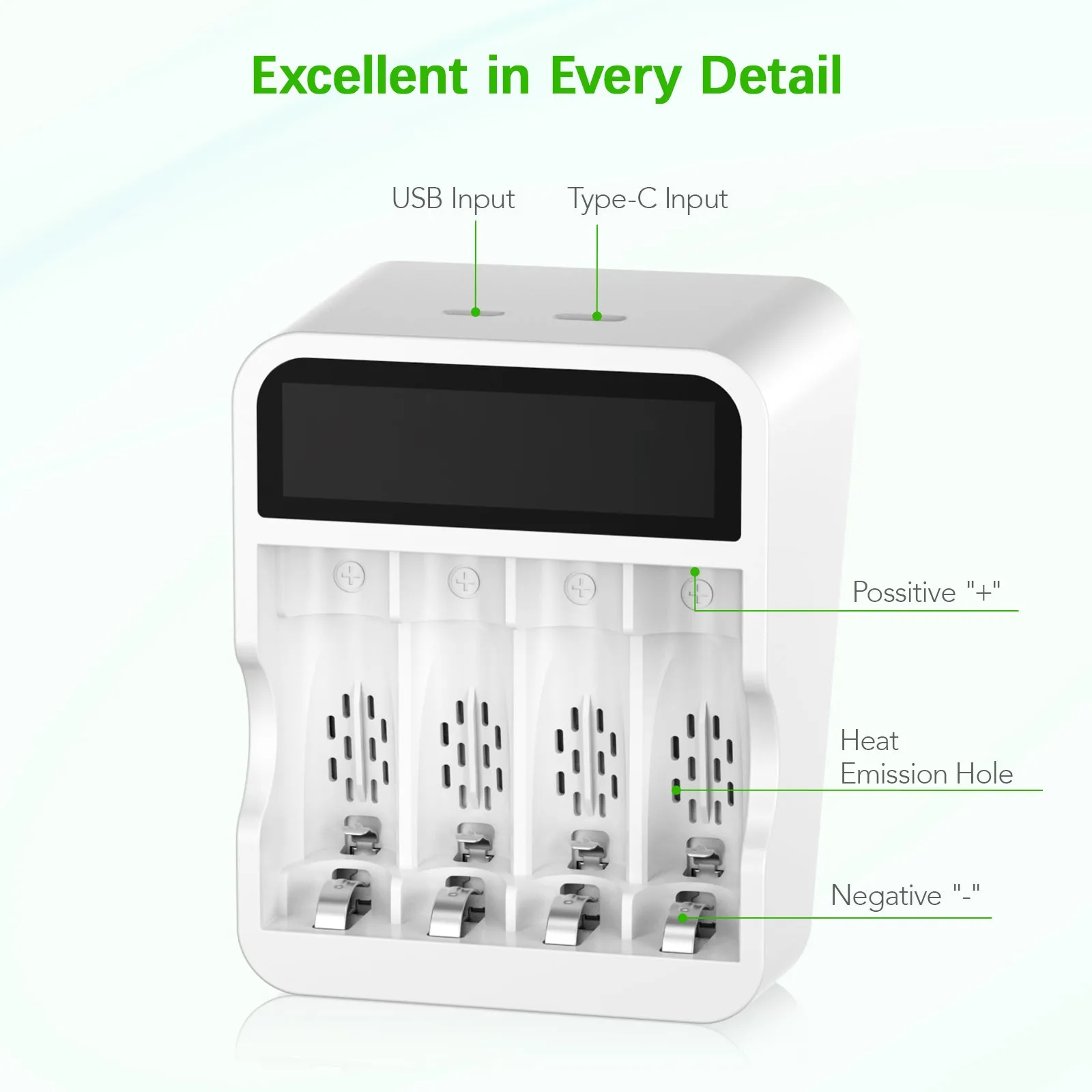 EBL TB-6408 Smart Battery Charger with 2A USB Quick Charging Port, LCD Status Display, and Individually Controlled Ports for AA AAA Ni-MH Ni-CD Rechargeable Batteries