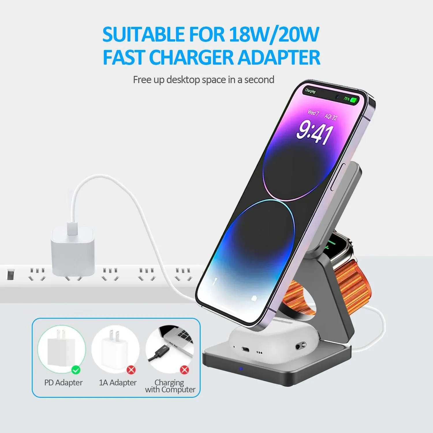 EC - Foldable Wireless Charger: 3-in-1 magnetic charging stand for iPhone, Samsung, AirPods, iWatch