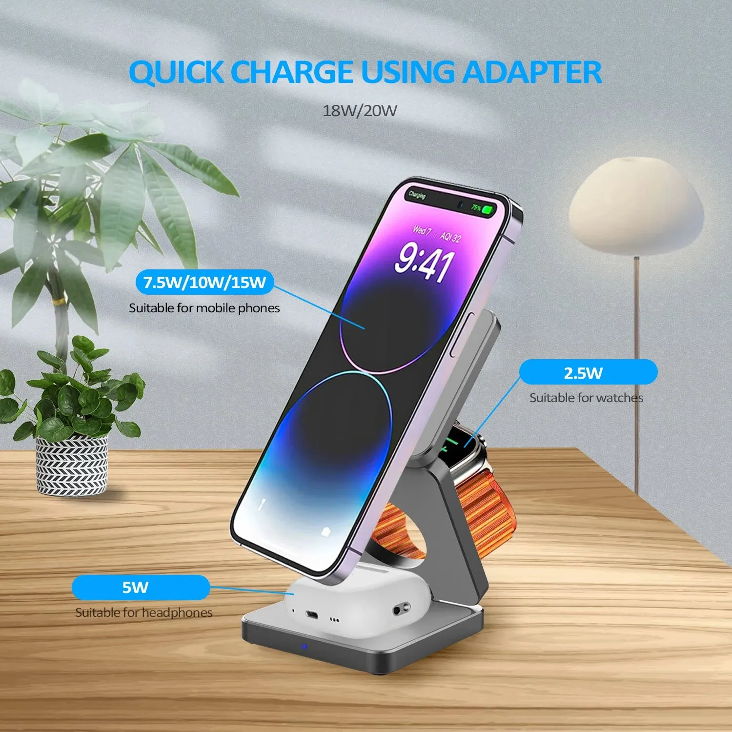 EC - Foldable Wireless Charger: 3-in-1 magnetic charging stand for iPhone, Samsung, AirPods, iWatch