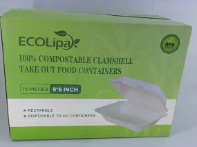 Ecolipak 100% Compostable Clamshell Food Containers 75 Pack