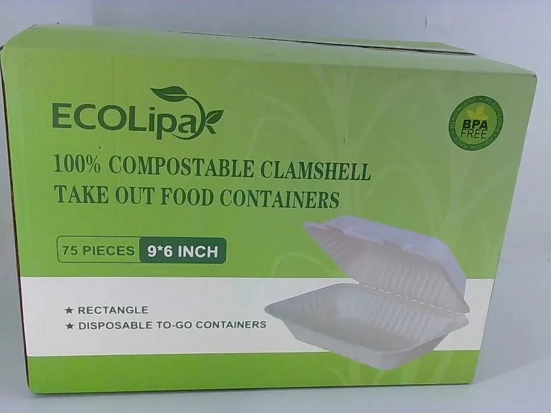 Ecolipak 100% Compostable Clamshell Food Containers 75 Pack