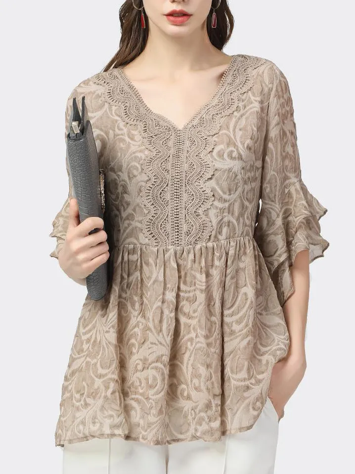 Elegant V-neck Lace Chiffon Shirts