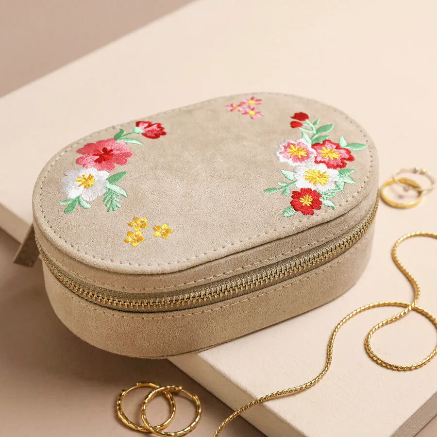 Embroidered Flowers Oval Jewelry Box