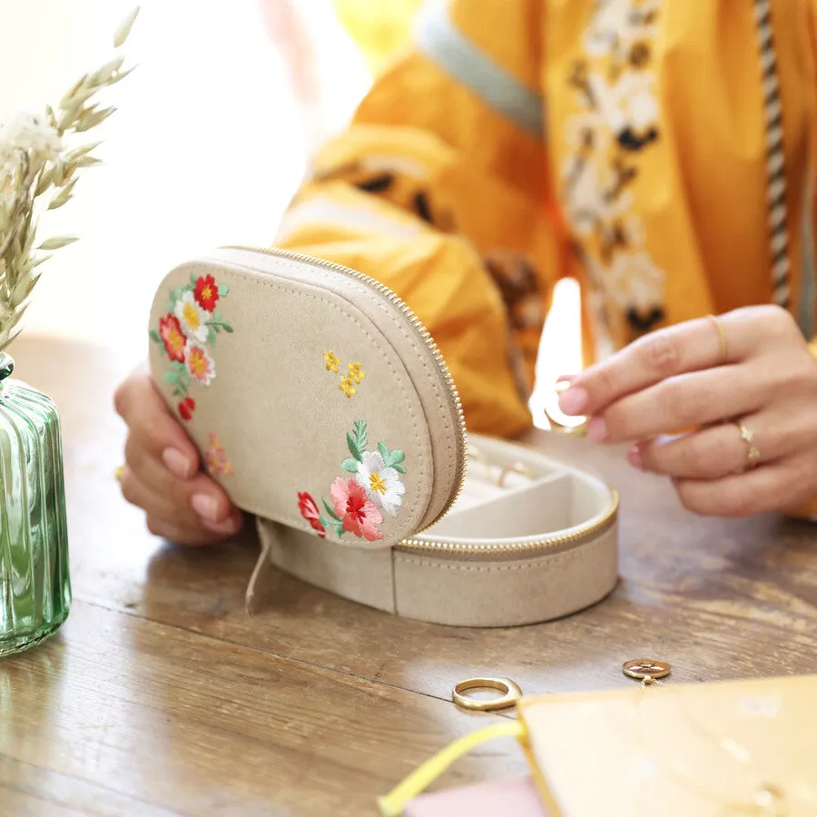 Embroidered Flowers Oval Jewelry Box