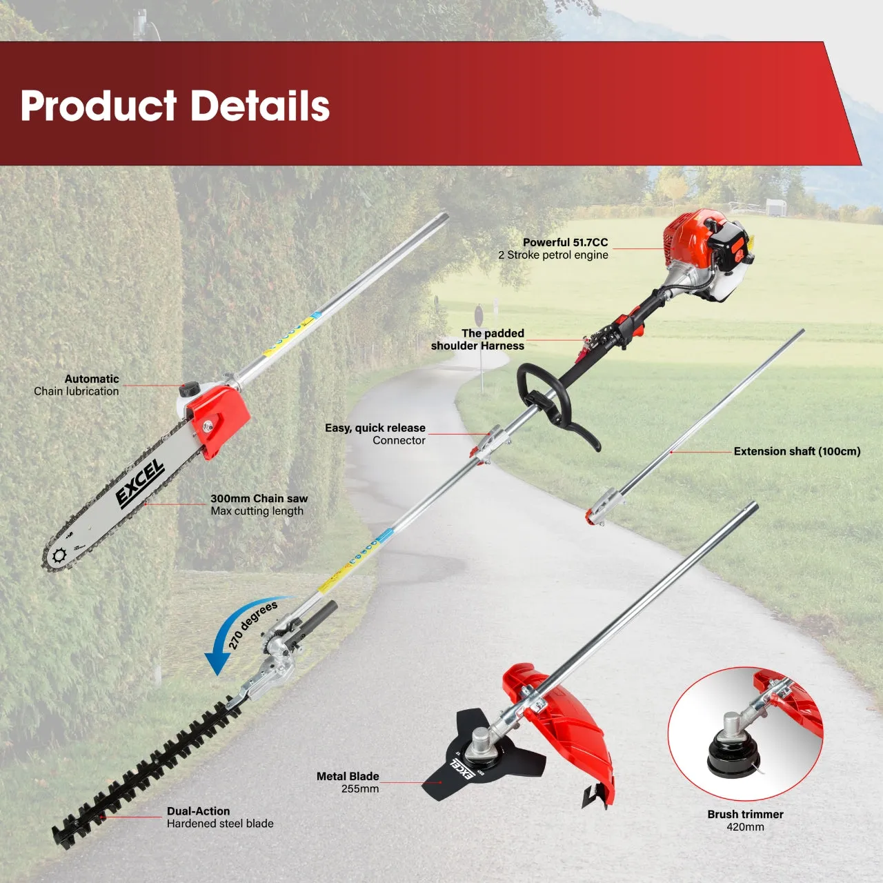 Excel 52cc Petrol 5-in-1 Garden Multi Tool