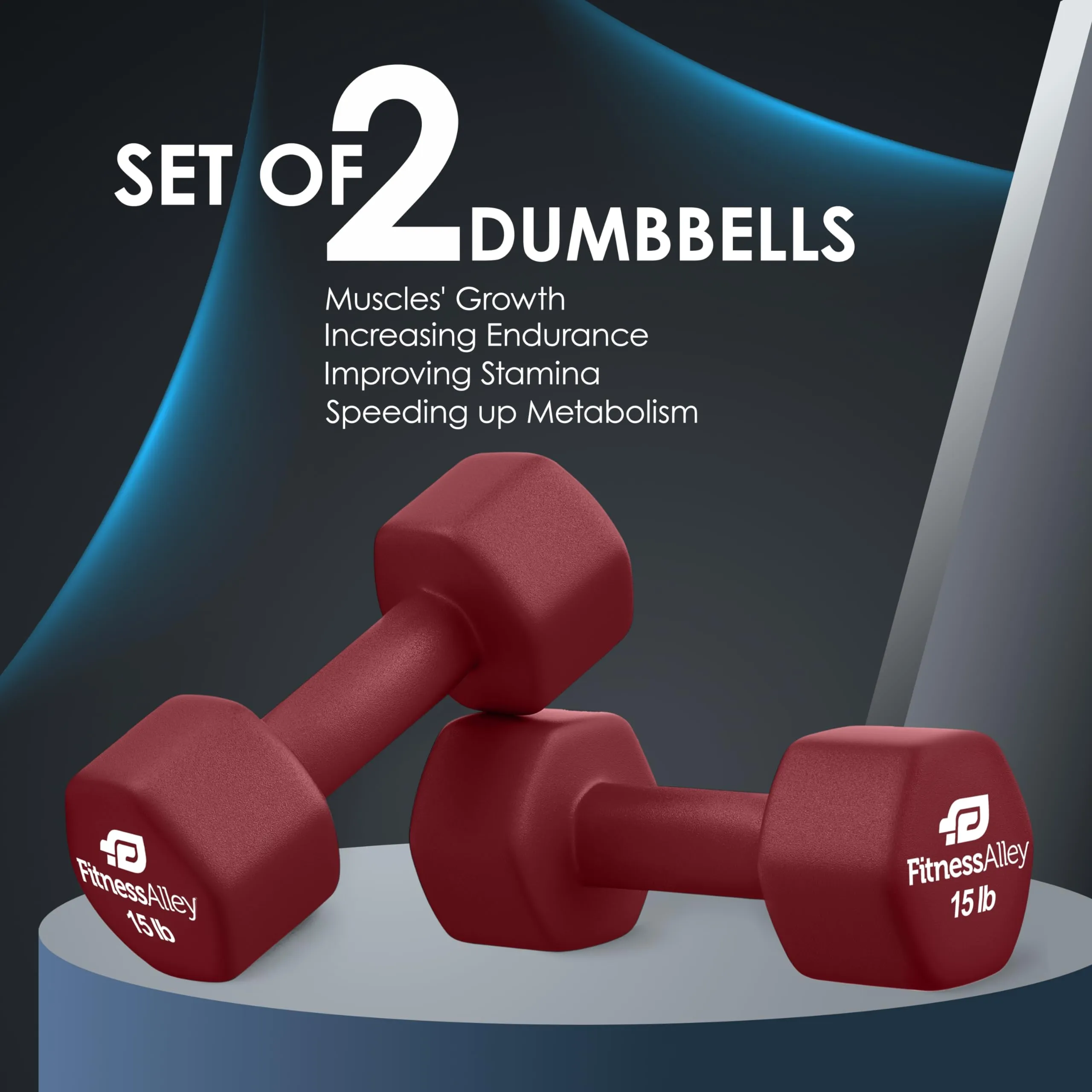 Fitness Alley 15lb Maroon Neoprene Hex Dumbbell Set for Non Slip Grip