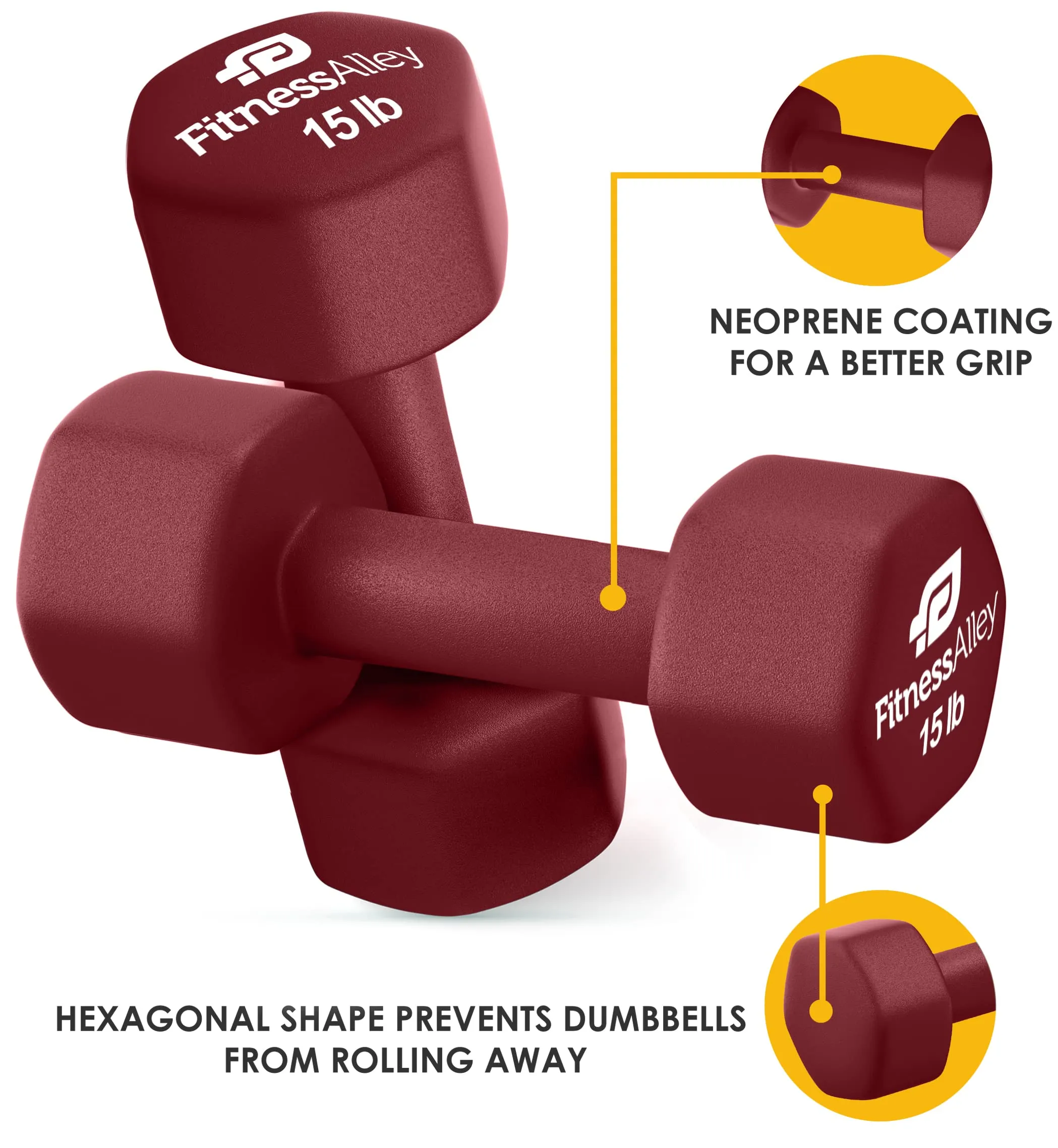 Fitness Alley 15lb Maroon Neoprene Hex Dumbbell Set for Non Slip Grip