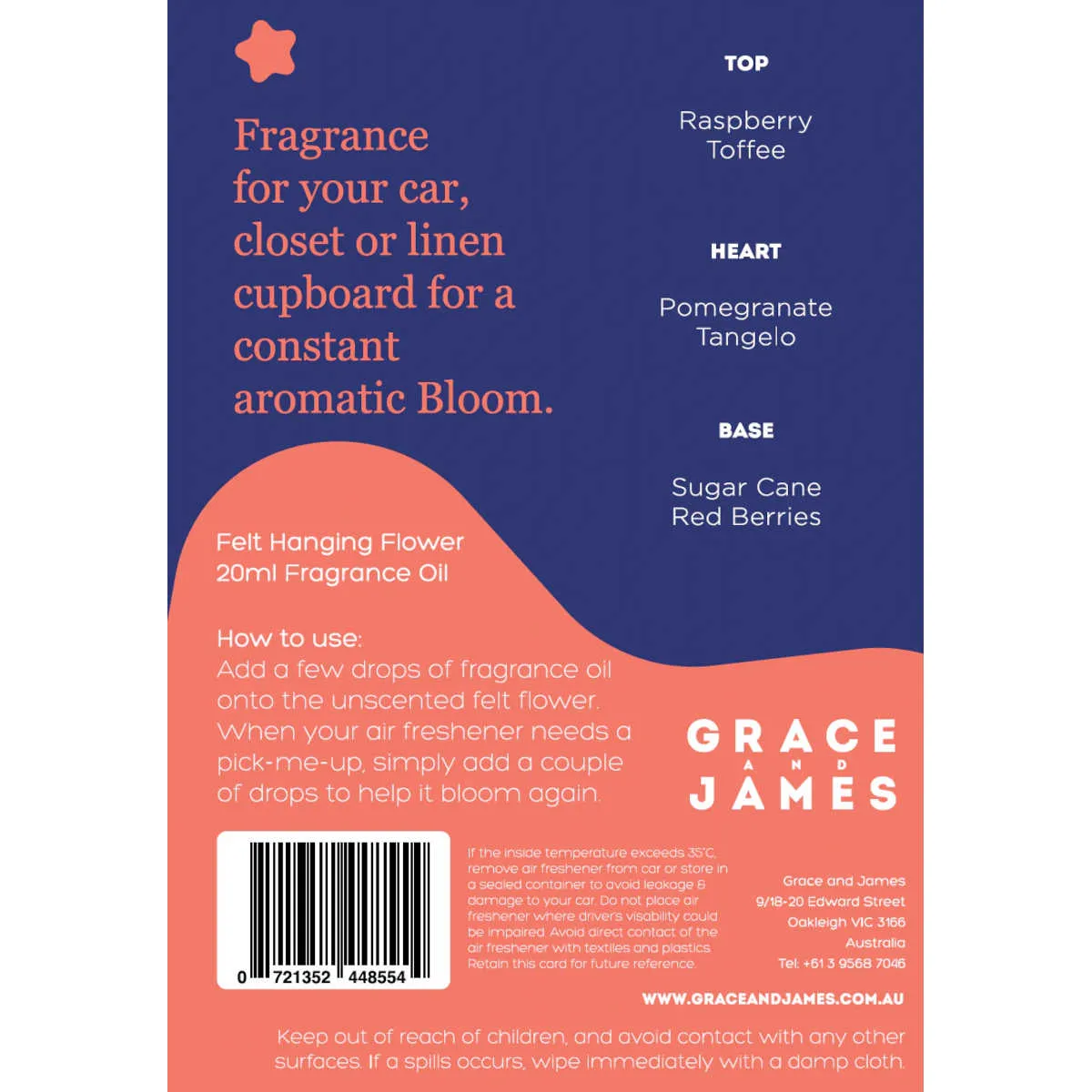 Grace and James Bloom Raspberry & Pomegranate Felt Air Freshener 20ml