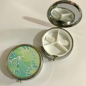 Green Butterfly Pill Box - Pretty Mint Round Box - Stud Earing Jewellery Box - Mint Butterflies