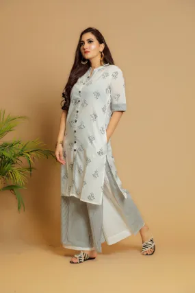 Grey Printed Cotton Kurta set