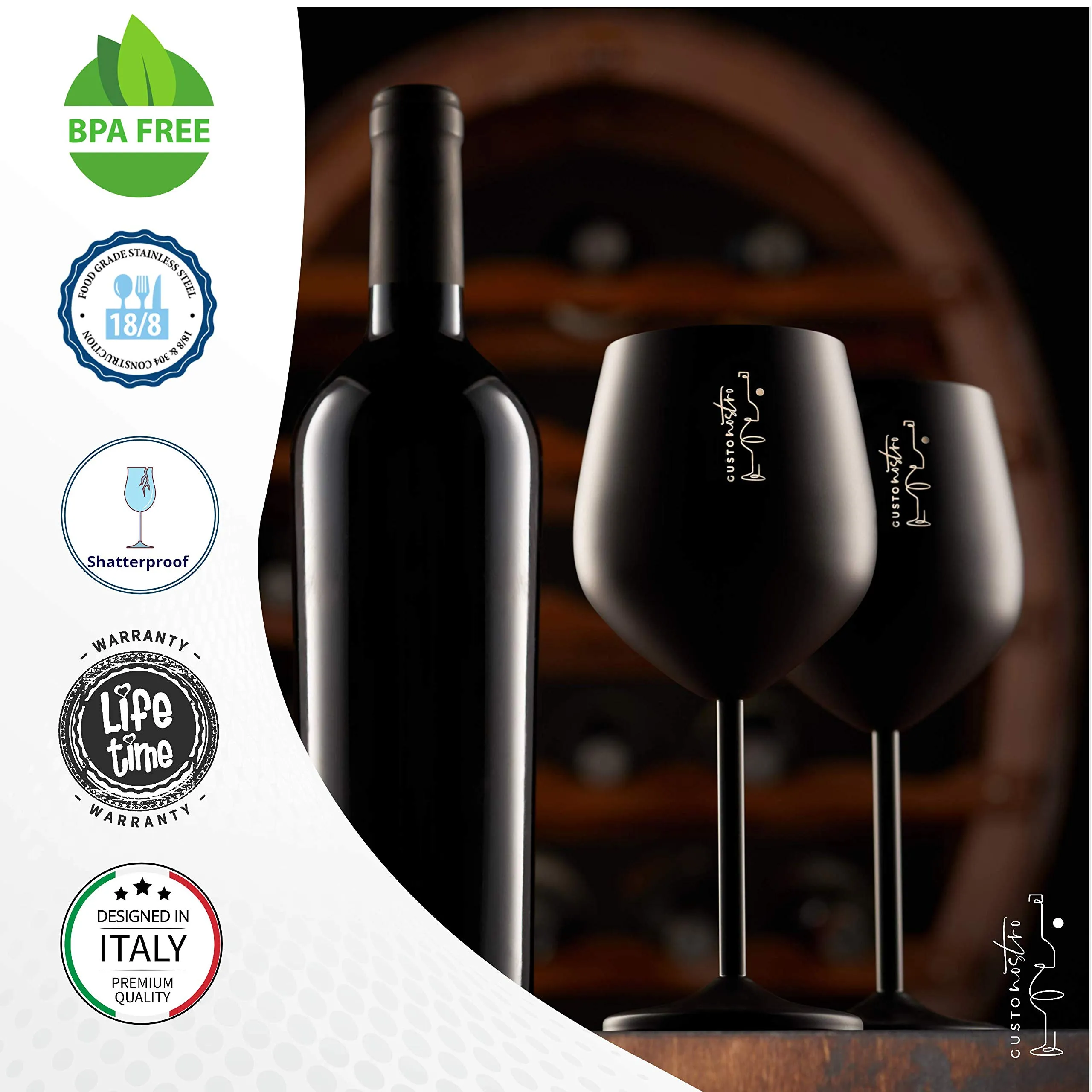 Gusto Nostro Stainless Steel Unbreakable Wine Glasses Set 18 Oz Set of 4 Black