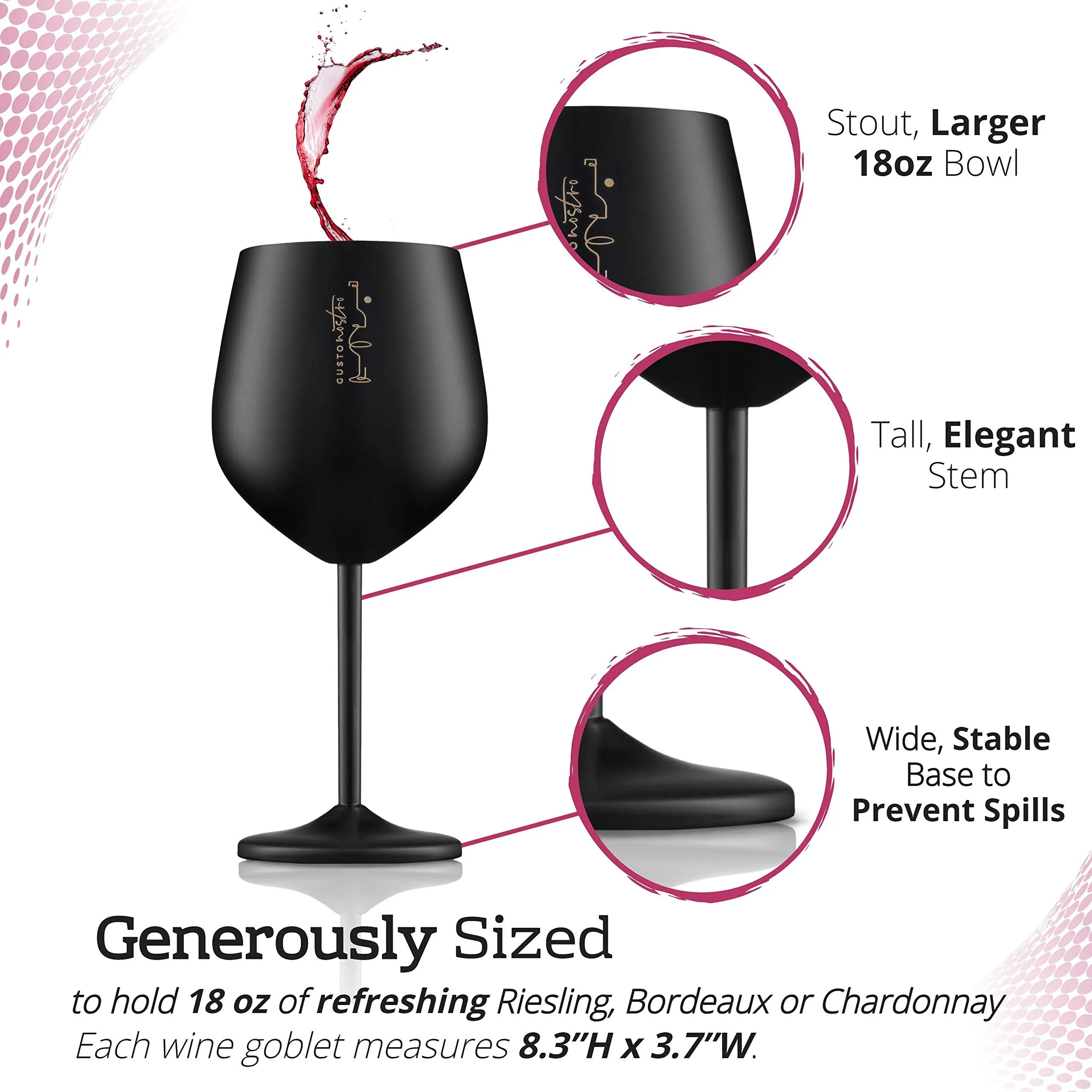 Gusto Nostro Stainless Steel Unbreakable Wine Glasses Set 18 Oz Set of 4 Black