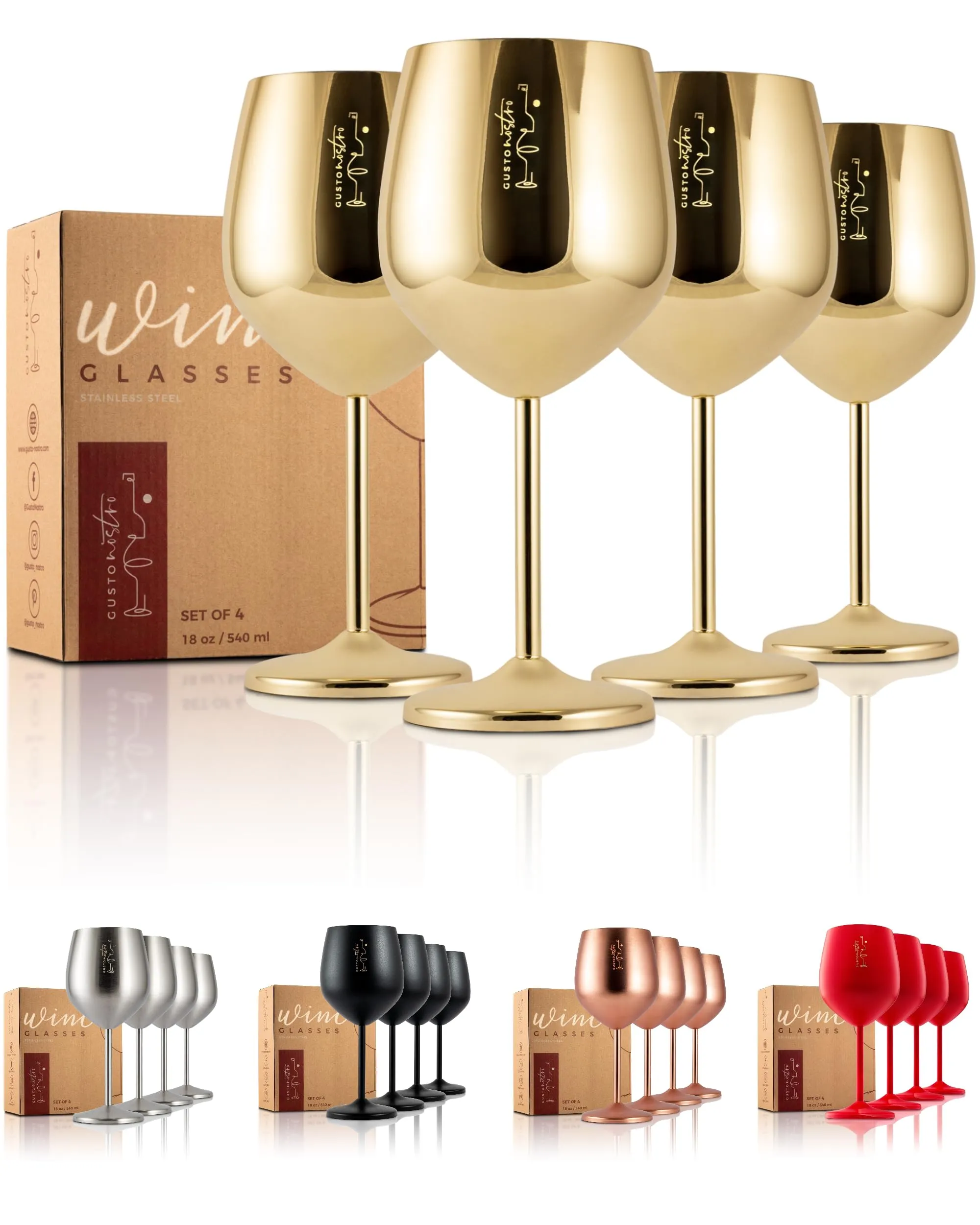 Gusto Nostro Stainless Steel Wine Glasses 18 Oz Gold Unbreakable Set of 4