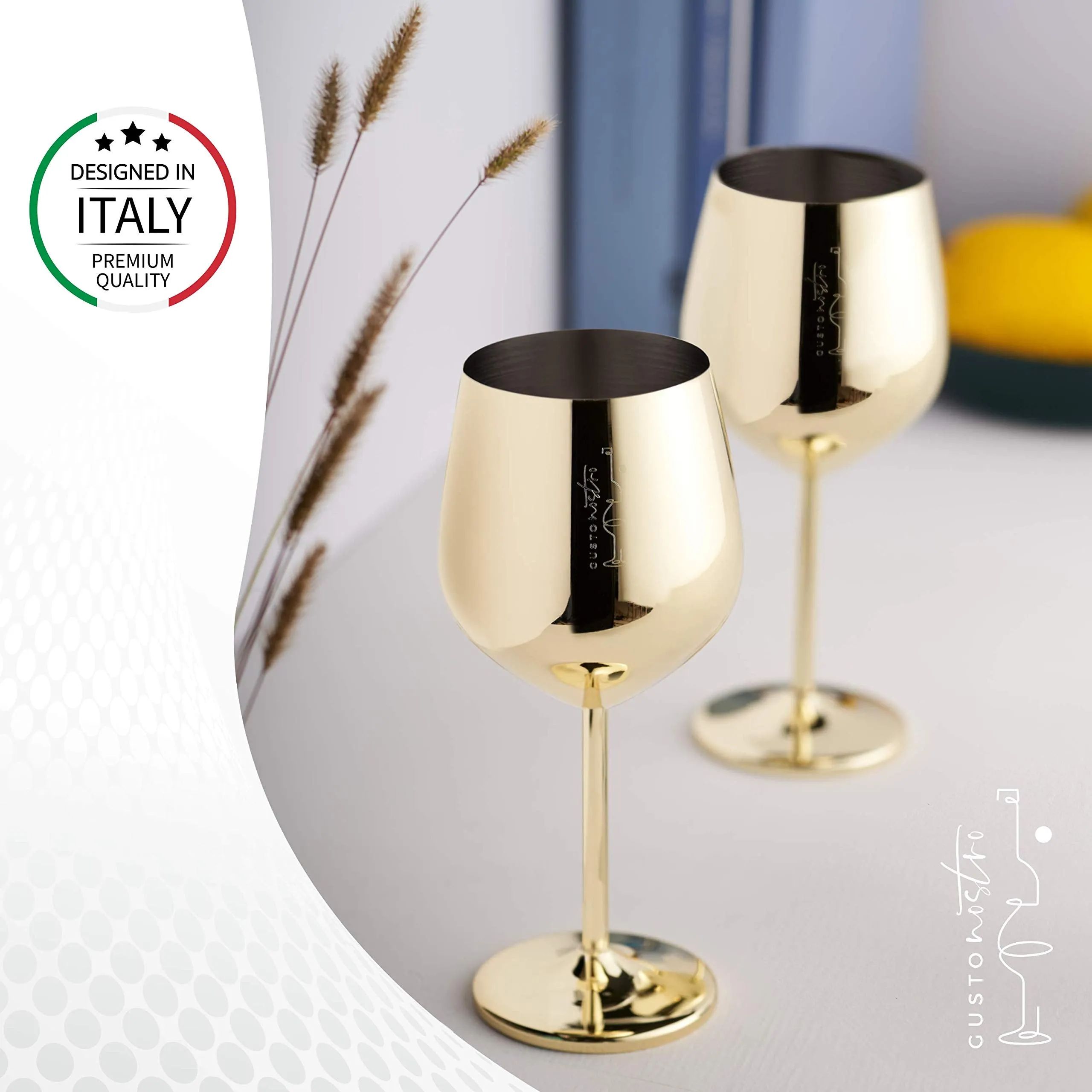 Gusto Nostro Stainless Steel Wine Glasses 18 Oz Gold Unbreakable Set of 4