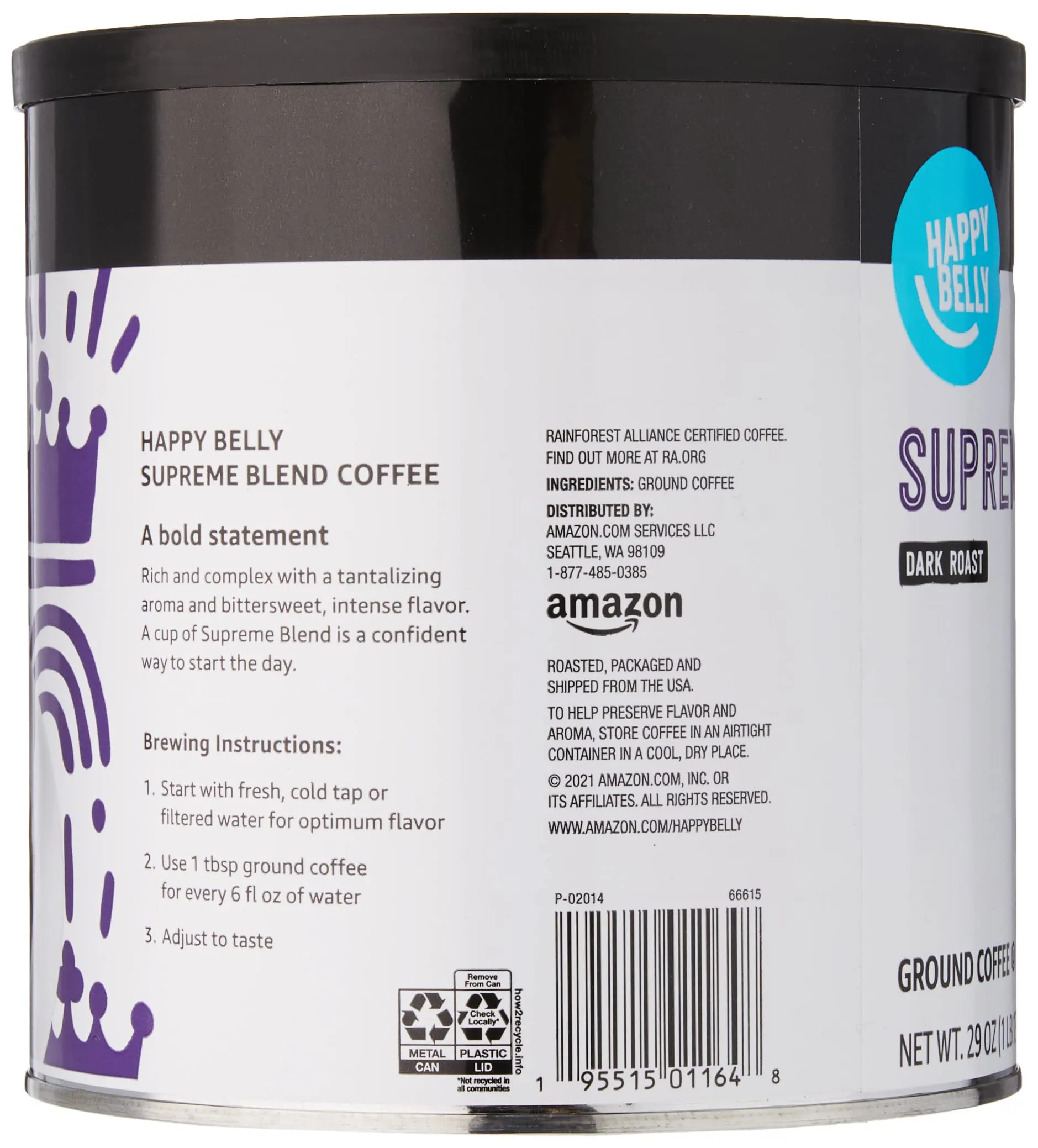 Happy Belly Supreme Blend Dark Roast Ground Coffee 29 Oz Canister