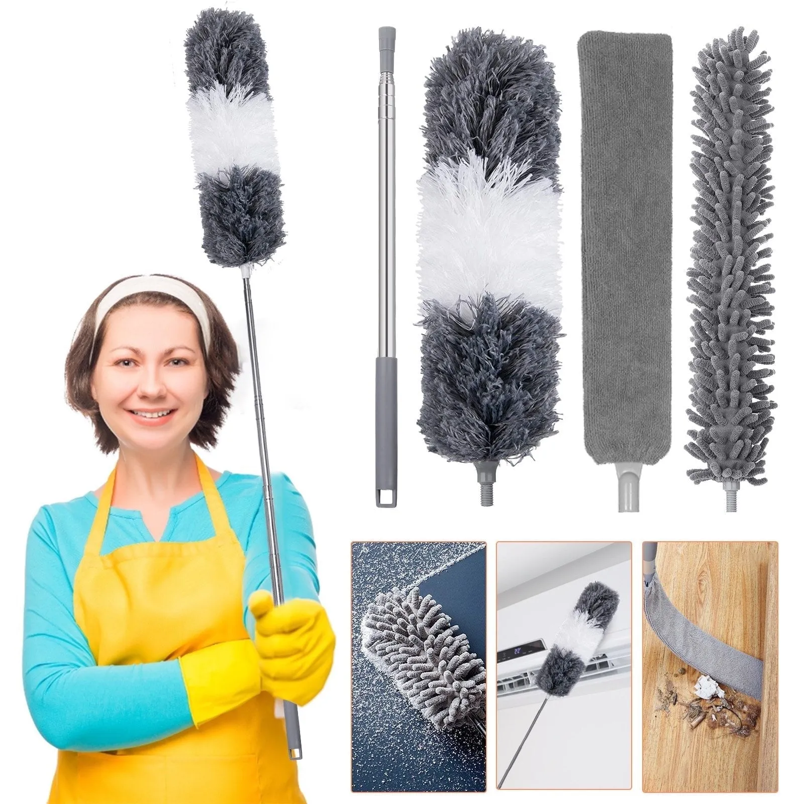 Happylost 3 in 1 Microfiber Feather Dusters for Cleaning, Ceiling Fan Duster with Extension Pole 30-100" Cleaning Kit