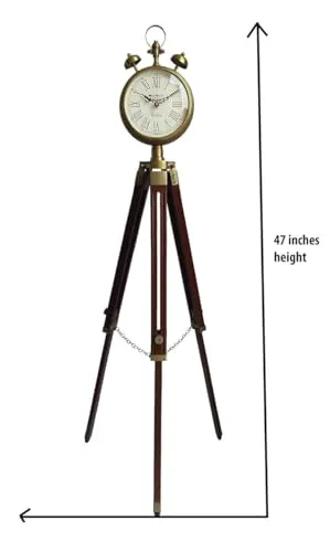 HEENA Wooden and Brass Antique Metal Tripod Floor Analog Clock with Stand Two Bell Prop Roman Number for Home