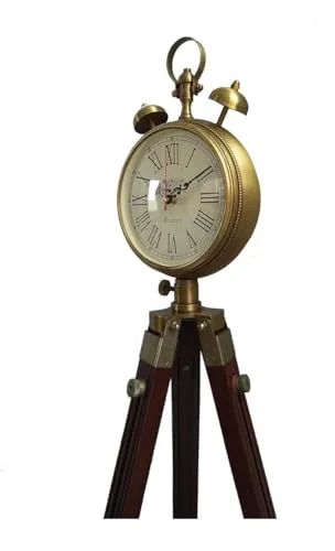 HEENA Wooden and Brass Antique Metal Tripod Floor Analog Clock with Stand Two Bell Prop Roman Number for Home