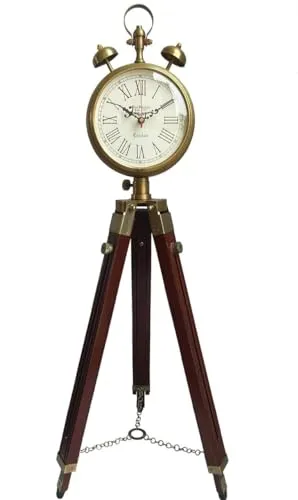 HEENA Wooden and Brass Antique Metal Tripod Floor Analog Clock with Stand Two Bell Prop Roman Number for Home