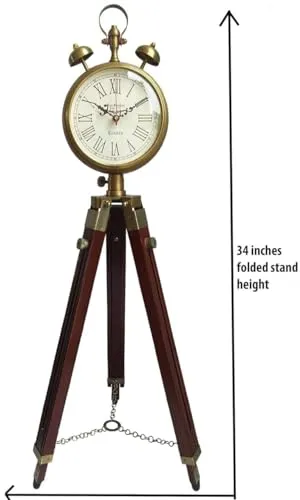 HEENA Wooden and Brass Antique Metal Tripod Floor Analog Clock with Stand Two Bell Prop Roman Number for Home