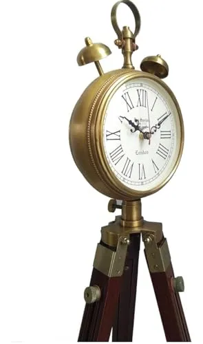 HEENA Wooden and Brass Antique Metal Tripod Floor Analog Clock with Stand Two Bell Prop Roman Number for Home