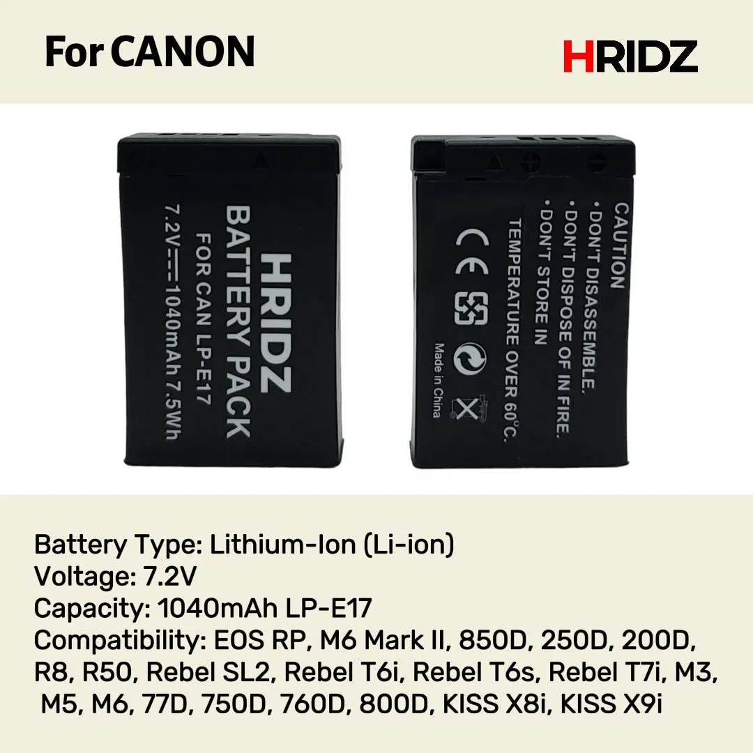 Hridz LP-E17 Batteries & Dual Charger For Canon EOS M6 200D 200D 77D 750D 760D 8000D