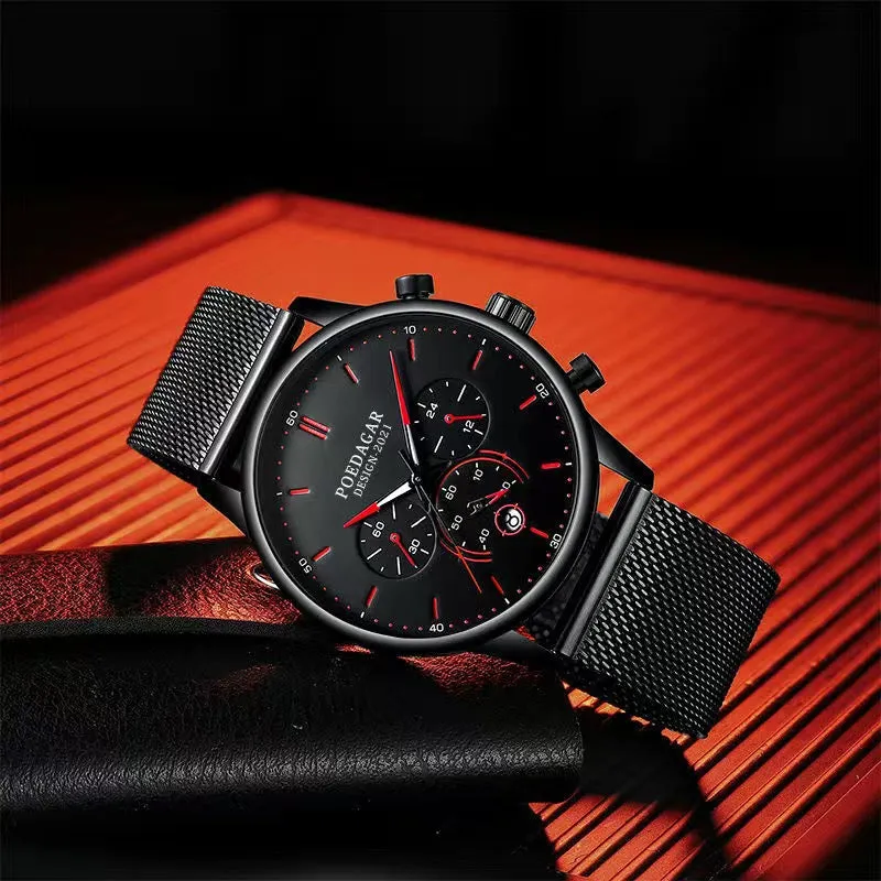 HUdlot - Ultra-Thin Minimalist Sport Chronograph Quartz Mesh Stainless Steel Watch Waterproof Luminous Fashion Wristwatch