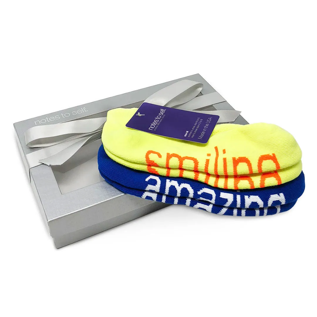 I am smiling®  I am amazing® socks in silver gift box