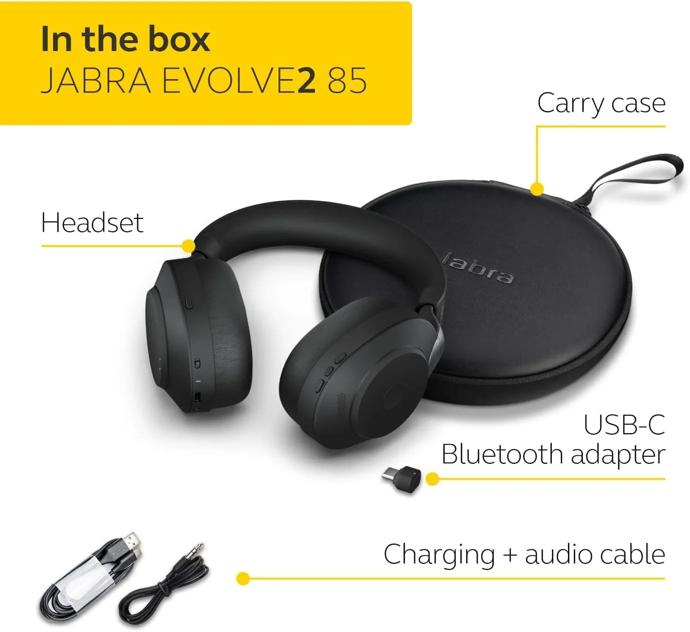 Jabra Evolve2 85 Wireless PC Headset – Noise Cancelling UC Certified Stereo Headphones With Long-Lasting Battery – USB-C Bluetooth Adapter – Black