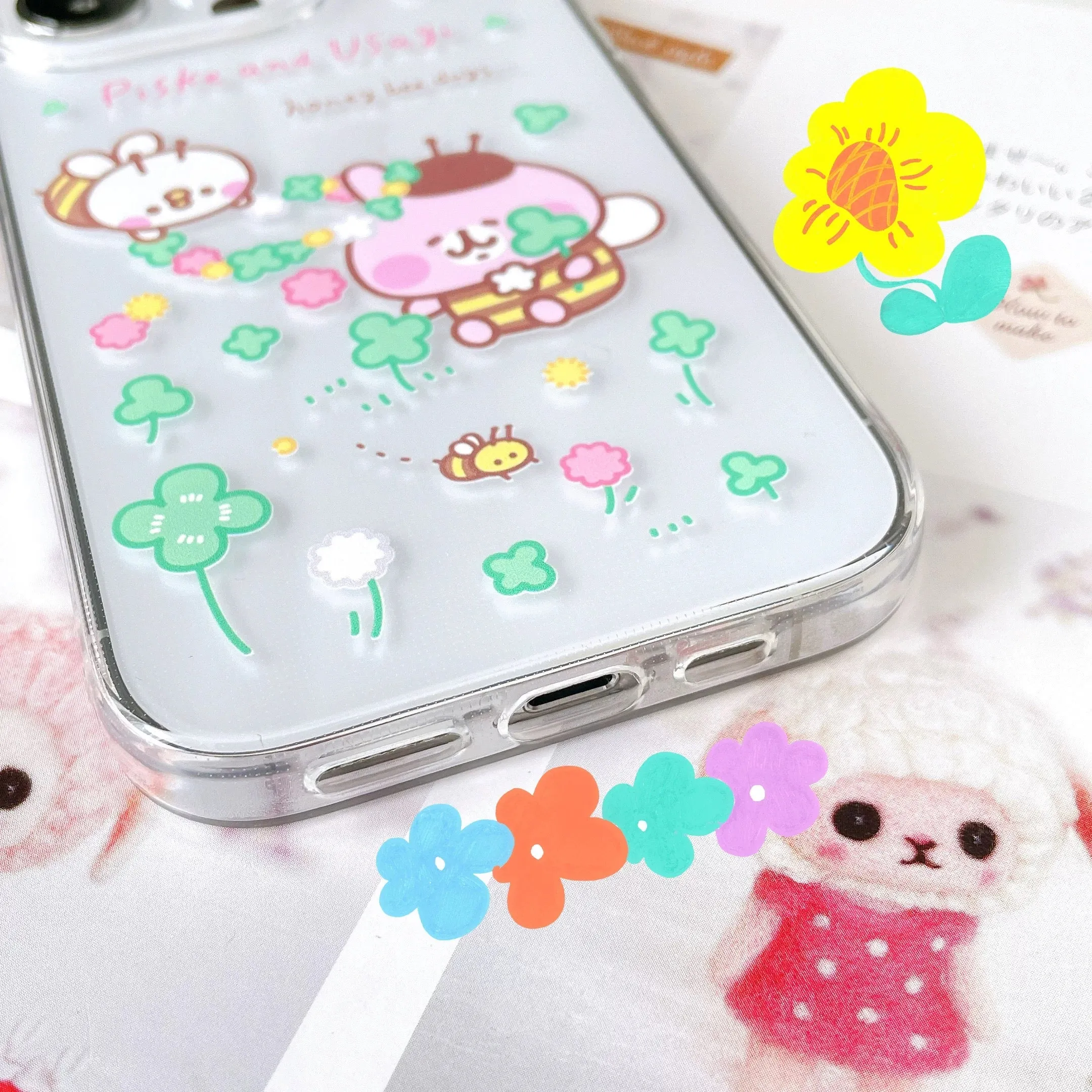 Japanese Cartoon Kanahei | Honey Bee Days Pink Rabbit and White Chicken - iPhone Case 12 13 14 15 Pro Promax