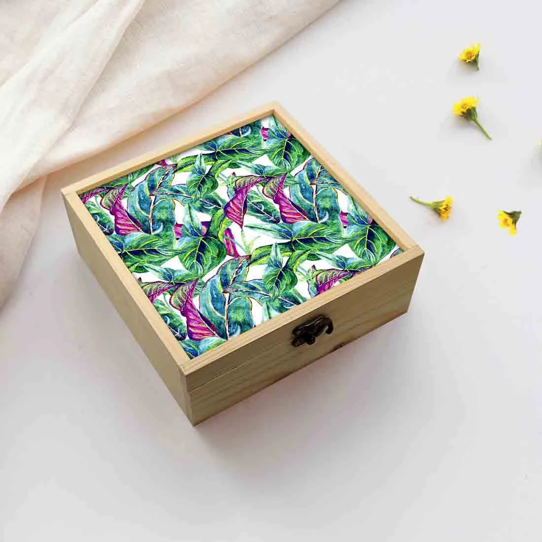 Jewellery Box Wooden Jewelry Organizer -  Green Tropical Leaf