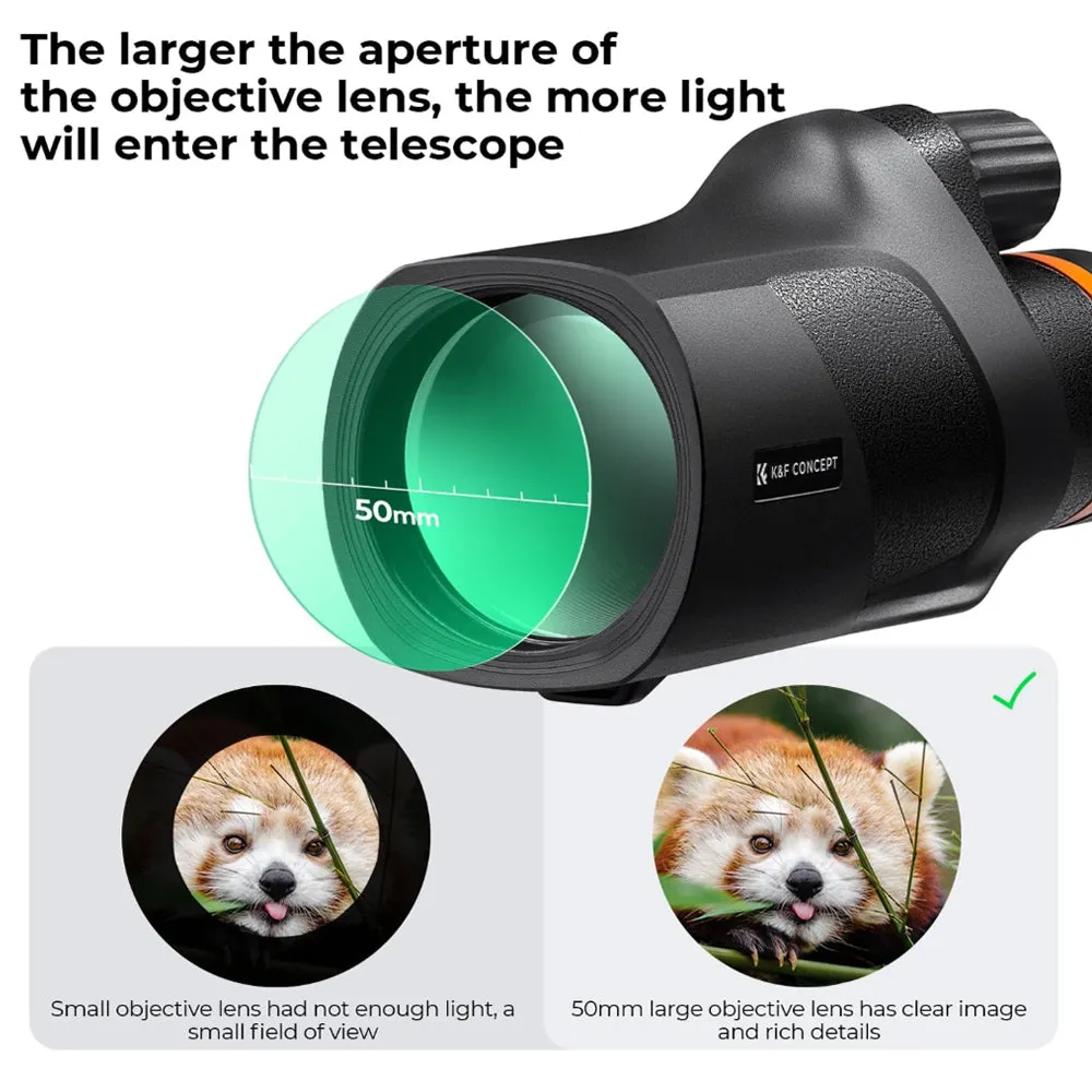 K&F Concept 12X50 Waterproof Monocular Telescope with Multi-Coated BAK-4 Prism Lens, Mobile Phone Mount Adapter, and Tripod for Outdoor Sports Hunting Hiking Camping Travel Photography