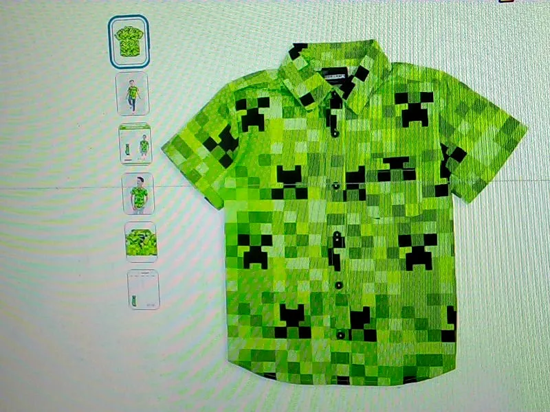 Kids Minecraft Creeper Print Button Up Shirt Size 14 to 16