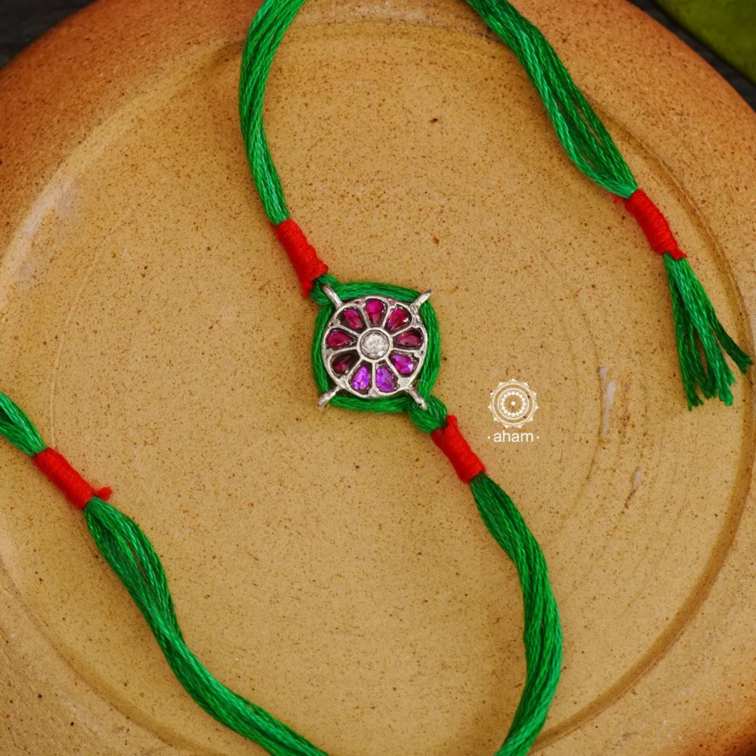 Kundan Pink Flower Silver Rakhi