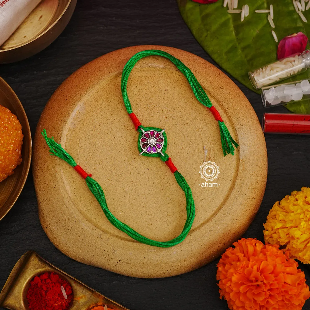 Kundan Pink Flower Silver Rakhi